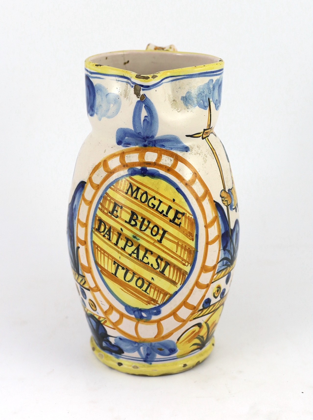 An Italian maiolica jug (boccale), probably Montelupo, 18th/19th century, 24.5cm high, minor damage